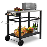 HAOYYE Stainless Steel Grill Cart Outdoor Prep Table with Wheels, BBQ Flat Top Trolley Island with Storage Shelf, Hooks, Beer Opener, Tissue Rack, Movable Black Worktable for Patio Cooking Camping Parties